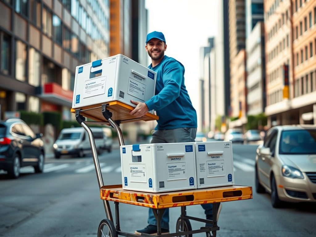 A carefully stacked set of standardized, sealed medical supply totes in muted grey and navy blue, each bearing clearly printed, barcoded labels, arrayed on a stainless steel cart with locking wheels. The cart is stationed in a pristine hospital loading bay with smooth concrete floors, glossy white walls, and blue-painted safety guidelines demarcating pathways. Soft, neutral artificial lighting from overhead panels eliminates harsh shadows, highlighting the organized structure of the load. The composition uses the rule of thirds to draw the eye to the layered stack of totes. The mood is orderly, efficient, and businesslike, matched by the photographic realism and clean lines suitable for a healthcare logistics business.