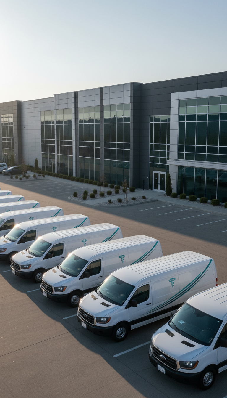 A fleet of impeccably maintained, DOT-certified white medical transport vans with subtle, modern teal and grey livery, parked in precise alignment in front of a contemporary logistics facility. The building is characterized by clean glass panels, metal cladding, and neat landscaping featuring low shrubs. The early morning is bathed in cool, soft natural light, casting crisp outlines and gentle shadows, making the white vehicles gleam. Shot from a slightly elevated, wide-angle perspective, the image is balanced and structured, emphasizing order and professionalism. The mood is efficient and calm, with a focus on reliability. The clean, photographic realism and neutral tones reflect a corporate, trustworthy identity, supporting the advanced healthcare logistics theme.